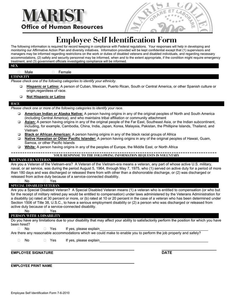 New Employee Self Identification Form Employeeform Net