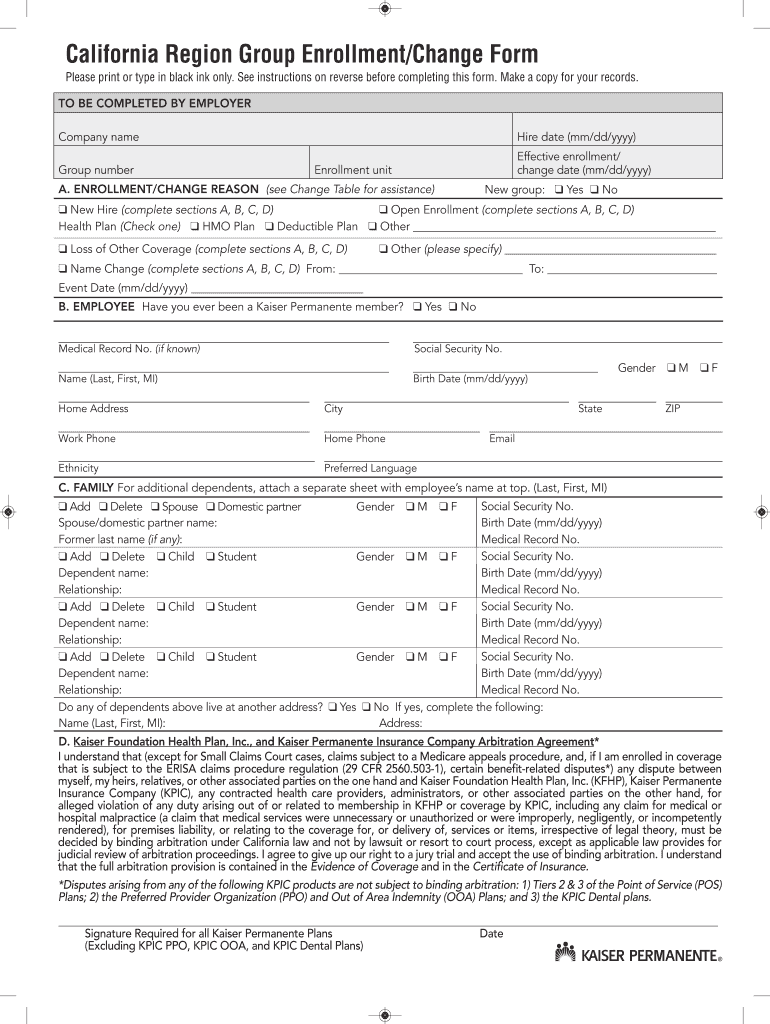 2011 2021 CA Kaiser Permanente Region Group Enrollment Change Form Fill 