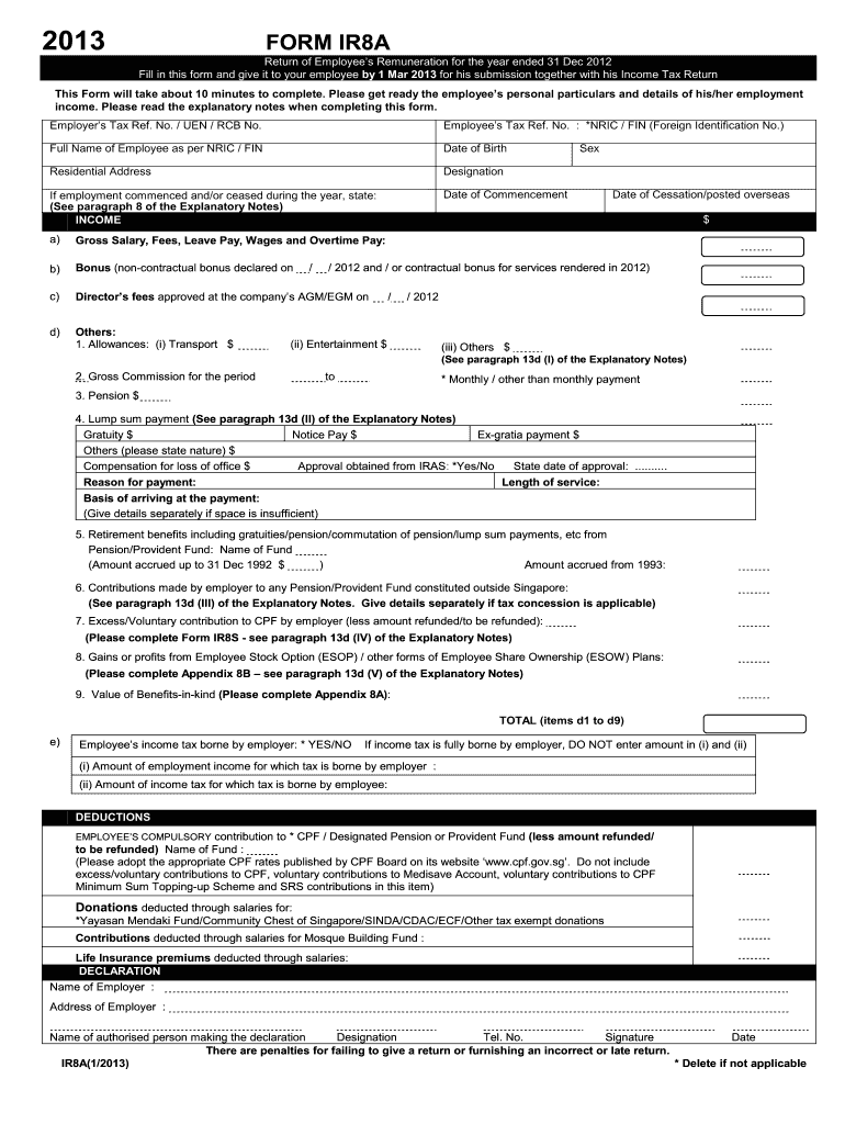 2013 Form SG IRAS IR8A Fill Online Printable Fillable Blank PdfFiller