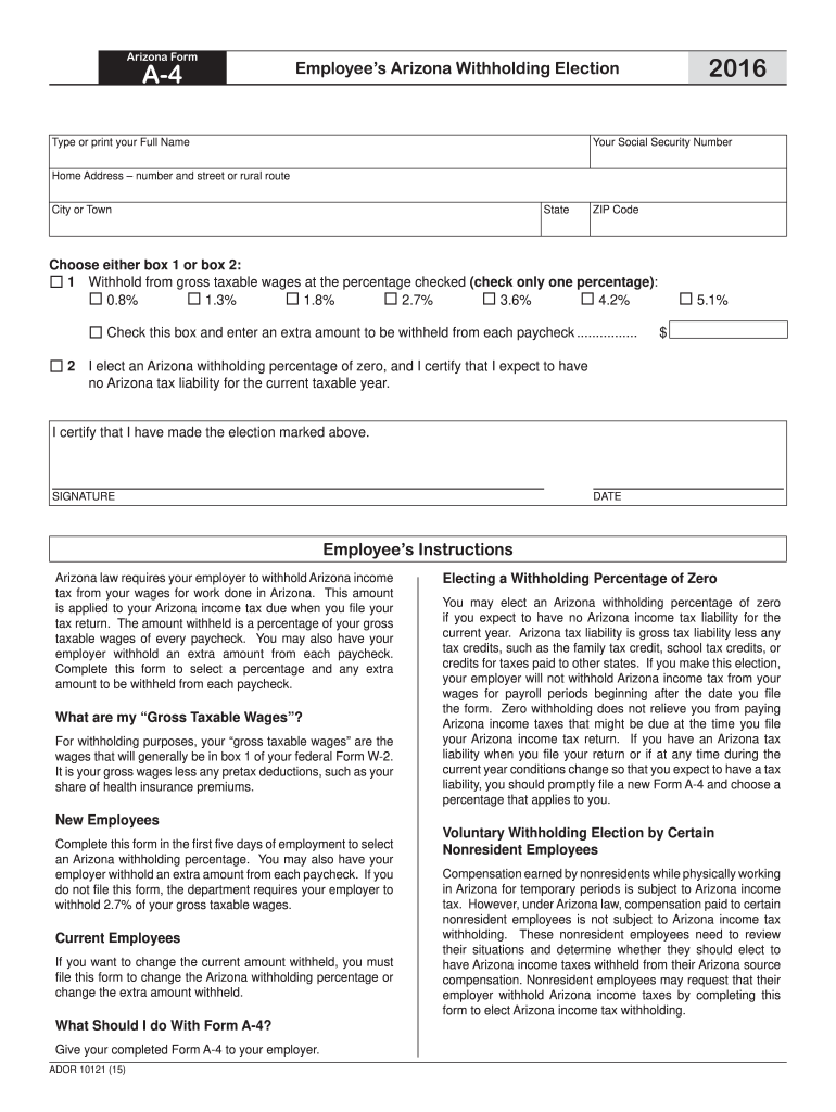 2016 Form AZ DoR A 4 Fill Online Printable Fillable Blank PdfFiller