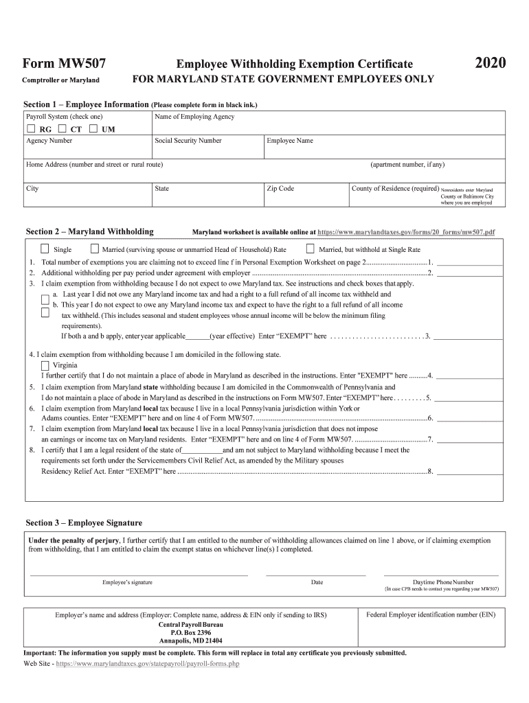 2020 Form MD BCPS Employee Combined Withholding Allowance Certificate 