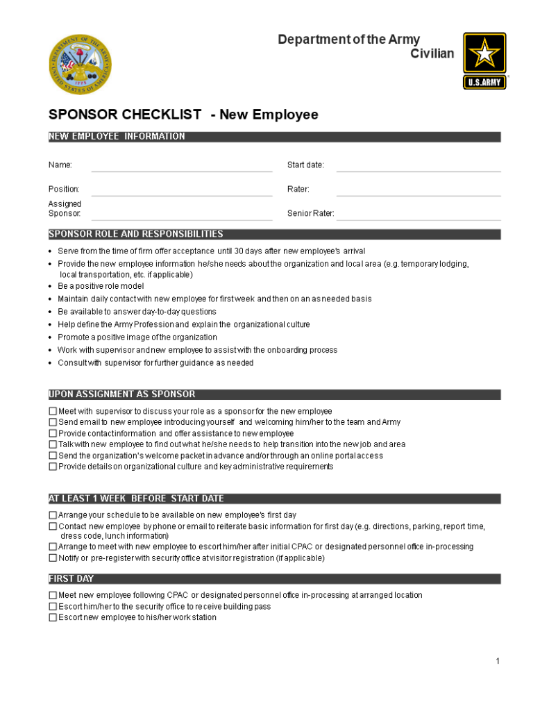 Army New Employee Checklist Templates At Allbusinesstemplates