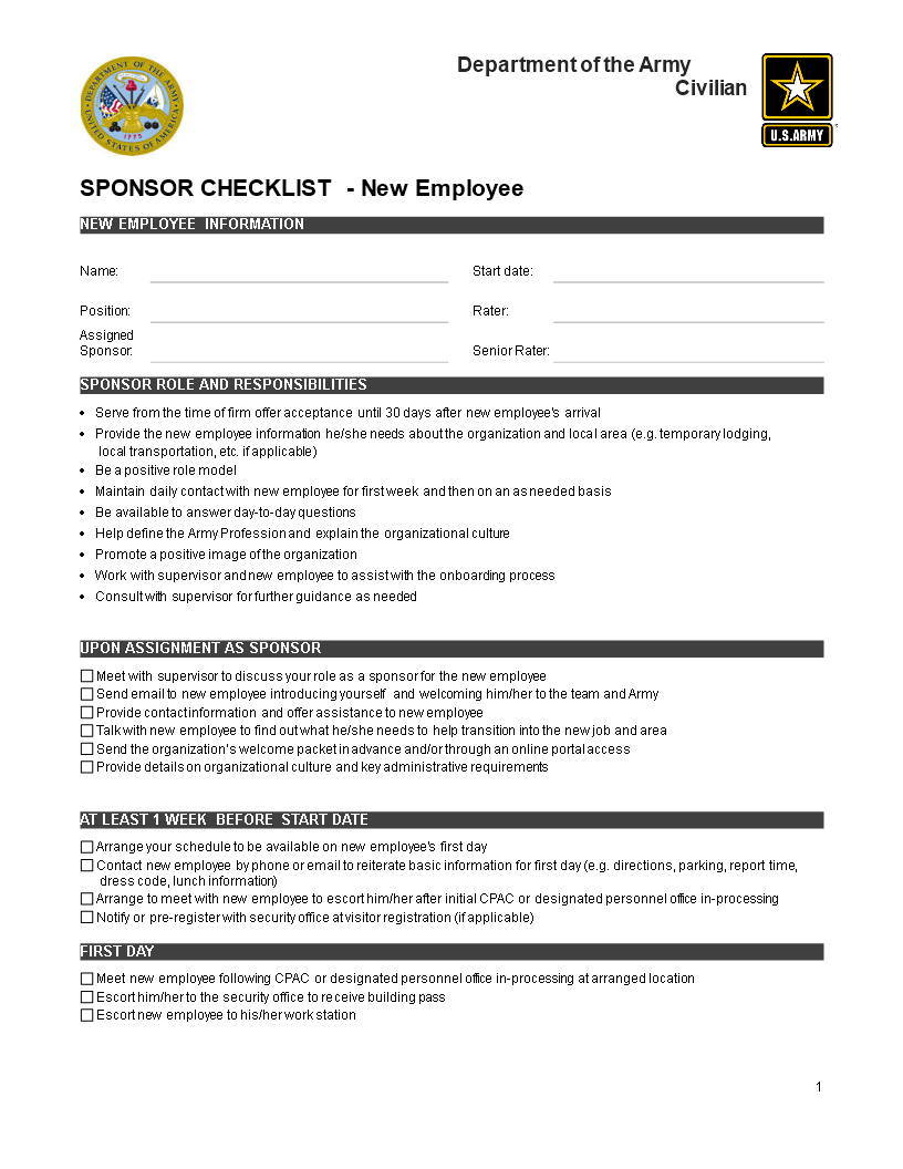 Army New Employee Checklist Templates At Allbusinesstemplates