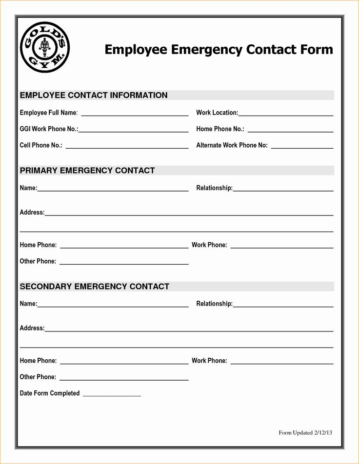 Emergency Contact Form For Employers New Employee Emergency Contact 