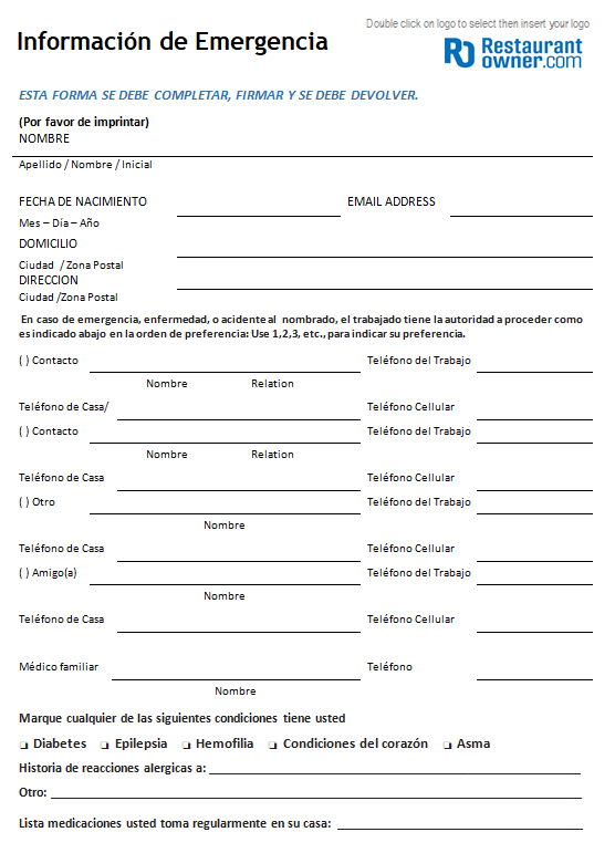 Emergency Contact Form Spanish