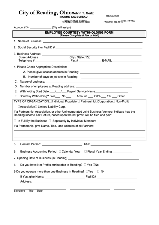 Employee Courtesy Withholding Form Ohio Income Tax Bureau Printable