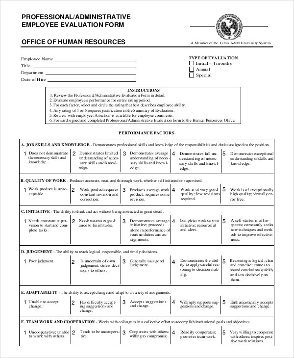 Employee Evaluation Form Example 13 Free Word PDF Documents