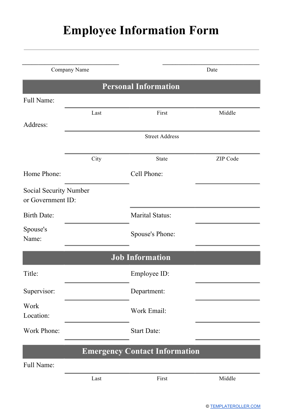 Employee Information Form Download Printable PDF Templateroller