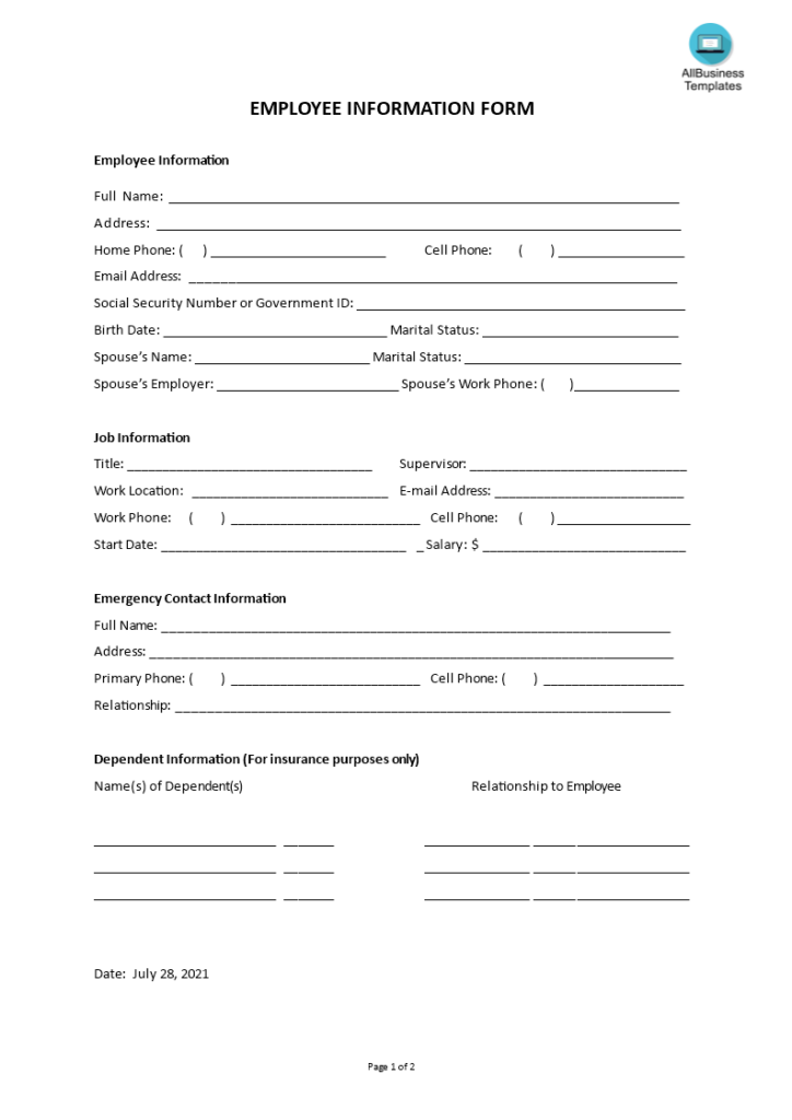 Employee Information Form Templates At Allbusinesstemplates