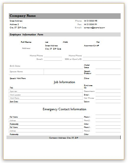 Employee Information Forms Microsoft Word Excel Templates