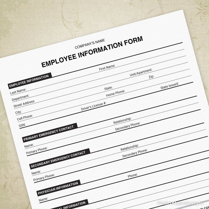 Employee Information Printable Form New Hire Sheet Custom Etsy 