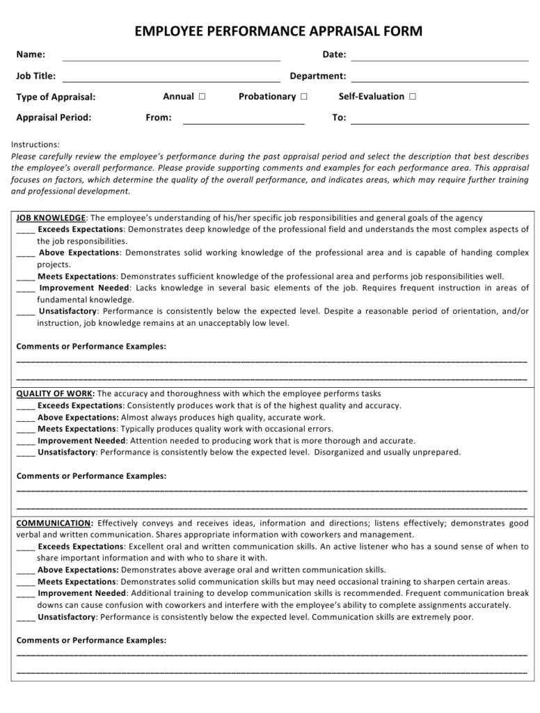 Employee Performance Appraisal Form Download Printable PDF Templateroller