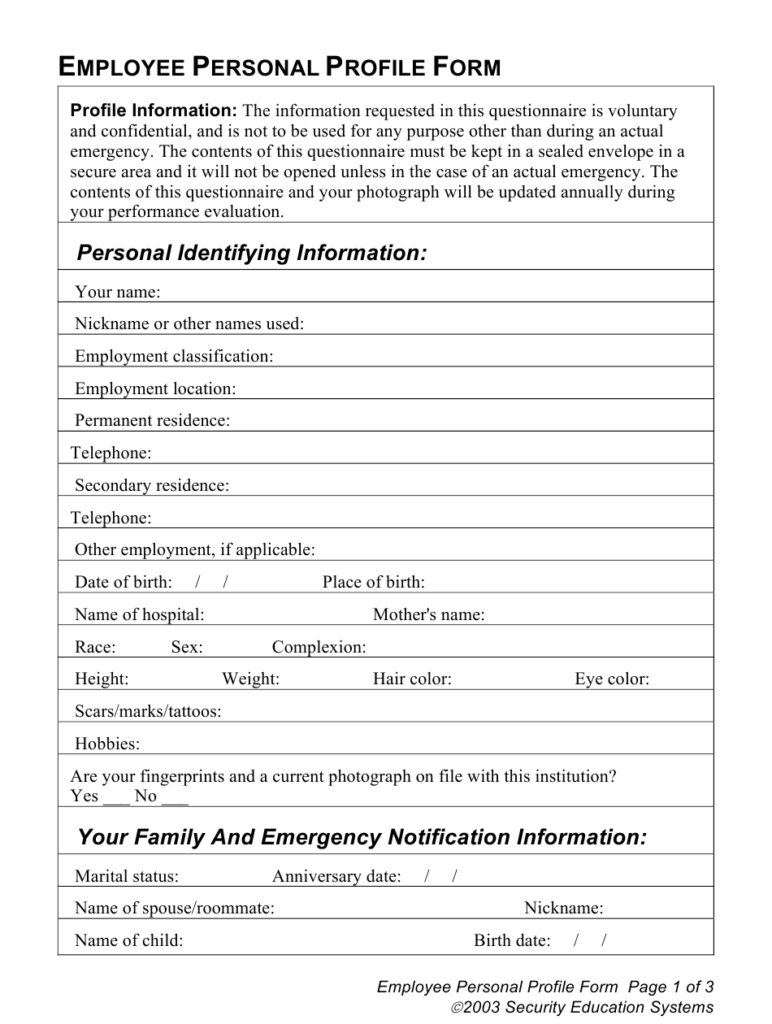 Employee Personal Profile Form Download Printable PDF Templateroller