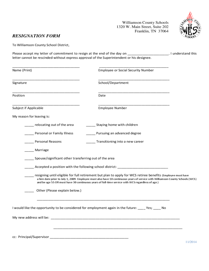 Employee Resignation Form Tennessee Free Download