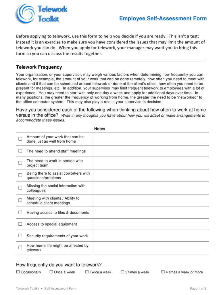 Employee Self assessment Form Telework Toolkit Download Printable PDF 