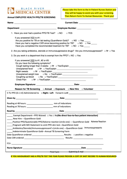 Fillable Annual Employee Health Ppd tb Screening Form Black River 