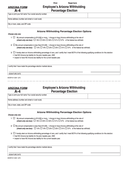 Fillable Arizona Form A 4 Employee S Arizona Withholding Percentage 