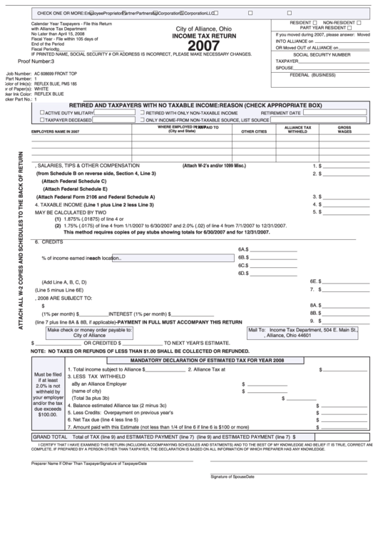 Fillable City Of Alliance Ohio Income Tax Return Form 2007 Printable 