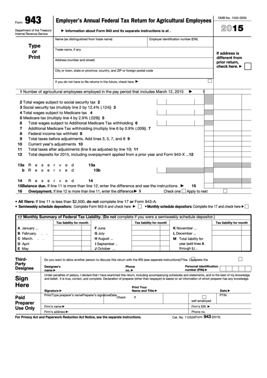 Fillable Form 943 Employer S Annual Federal Tax Return For