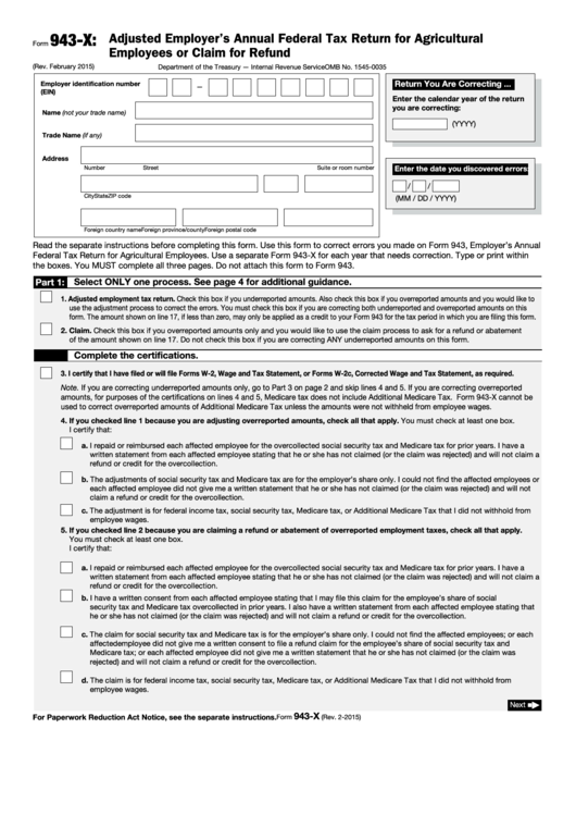 Fillable Form 943 X Adjusted Employer S Annual Federal Tax Return For 