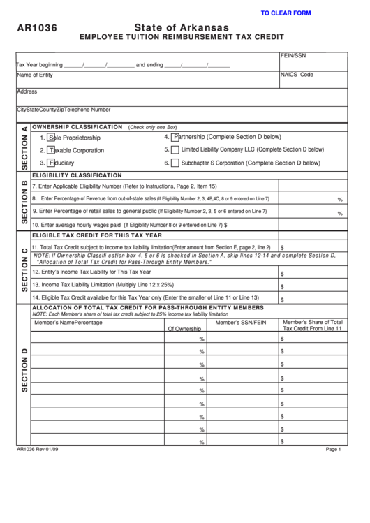 Fillable Form Ar1036 Employee Tuition Reimbursement Tax Credit 