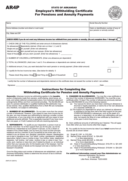 Fillable Form Ar4p Employee S Withholding Certificate For Pensions 