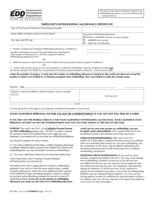 Fillable Form De 4 2014 Employee S Withholding Allowance Certificate 