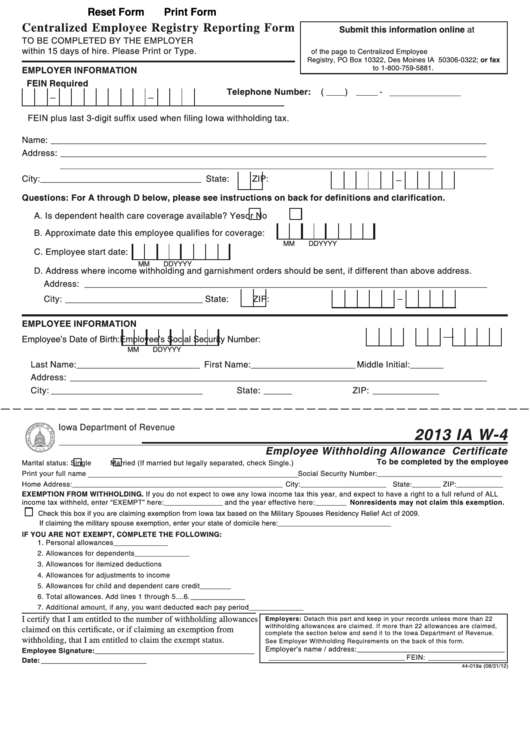 Fillable Form Ia W 4 Employee Withholding Allowance Certificate 