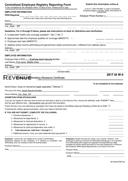 Fillable Form Ia W 4 Employee Withholding Allowance Certificate