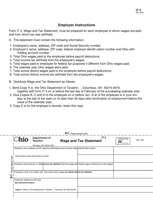 Fillable Form It 2 Wage And Tax Statement Ohio Department Of 