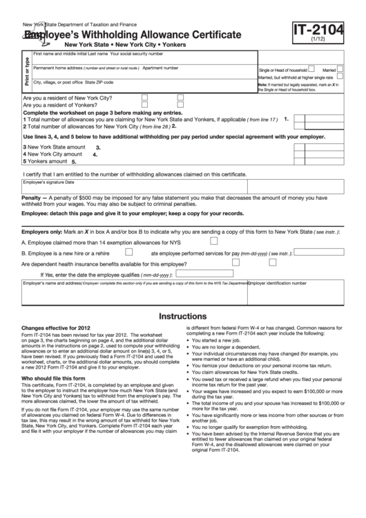 Fillable Form It 2104 Employee S Withholding Allowance Certificate