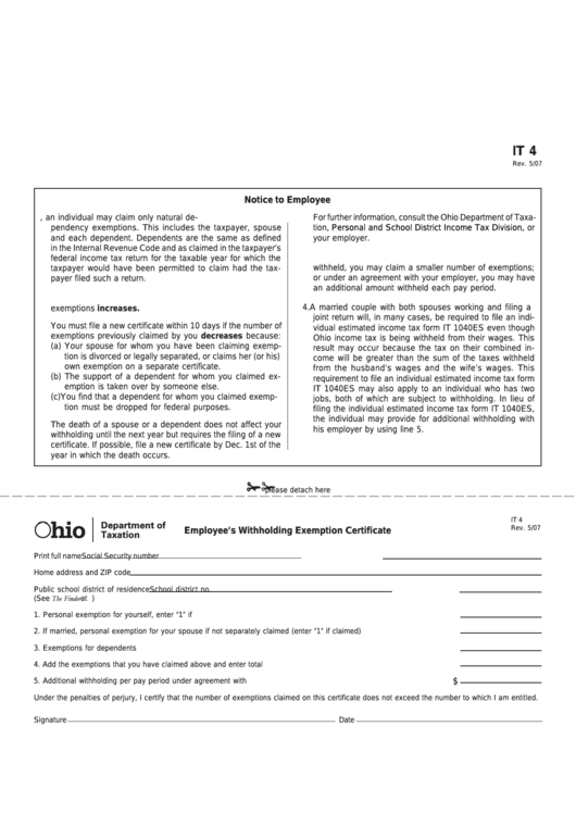 Fillable Form It 4 Employee S Withholding Exemption Certificate