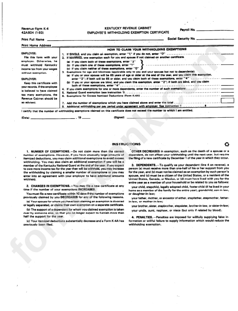 Fillable Form K 4 Employee S Withholding Exemption Certificate 