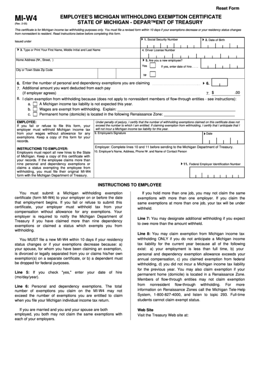 Fillable Form Mi W4 Employee S Michigan Withholding Exemption 