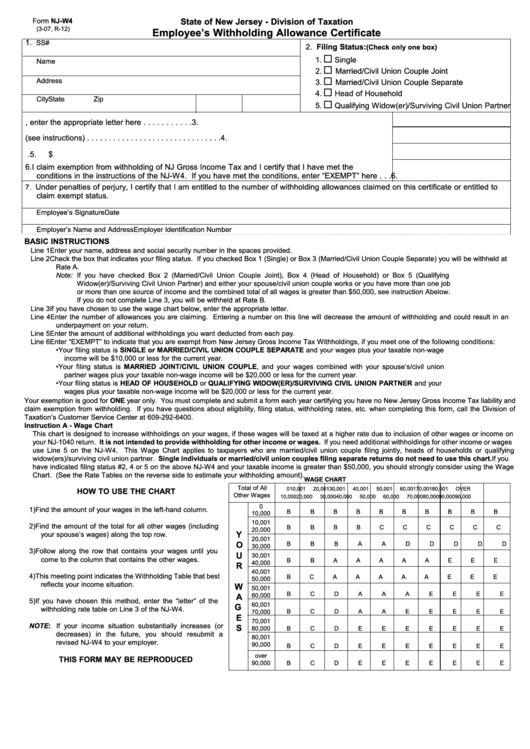 Fillable Form Nj W4 Employee S Withholding Allowance Certificate