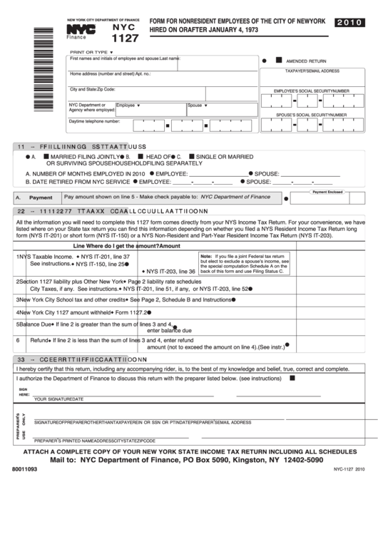 Fillable Form Nyc 1127 Form For Nonresident Employees Of The City Of 