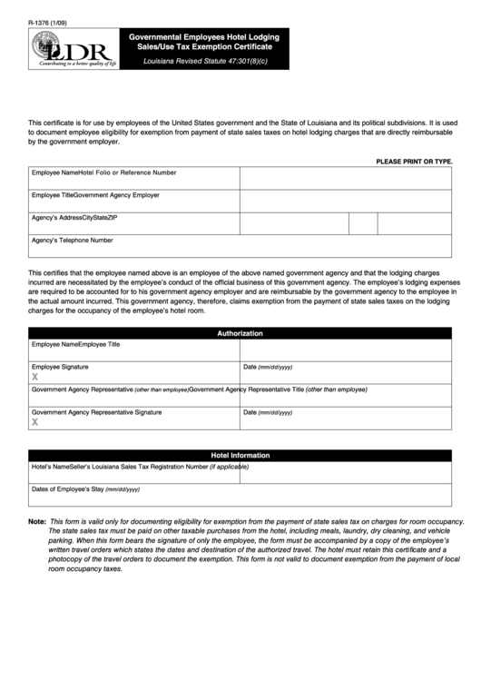 Fillable Form R 1376 Governmental Employees Hotel Lodging Sales use