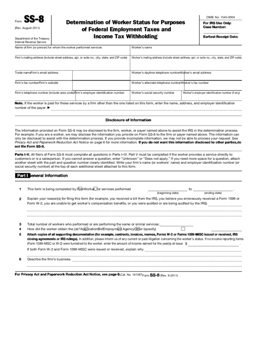 Fillable Form Ss 8 Determination Of Worker Status For Purposes Of 