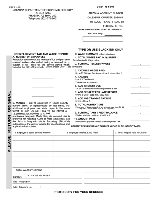 Fillable Form Uc 018 Unemployment Tax And Wage Report Printable Pdf 