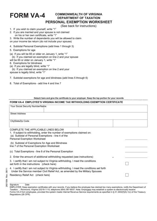 Fillable Form Va 4 Personal Exemption Worksheet Printable Pdf Download