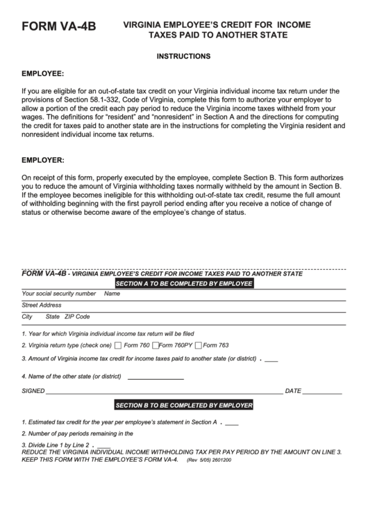 Fillable Form Va 4b Virginia Employee S Credit For Income Taxes Paid 