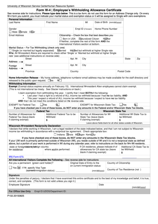 Fillable Form W 4 Employee S Withholding Allowance Certificate 