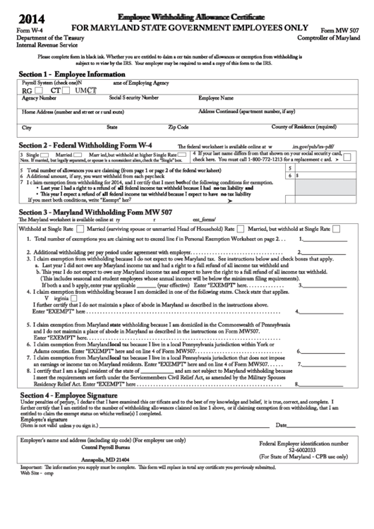 Fillable Form W 4 Form Mw 507 Employee Withholding Allowance 