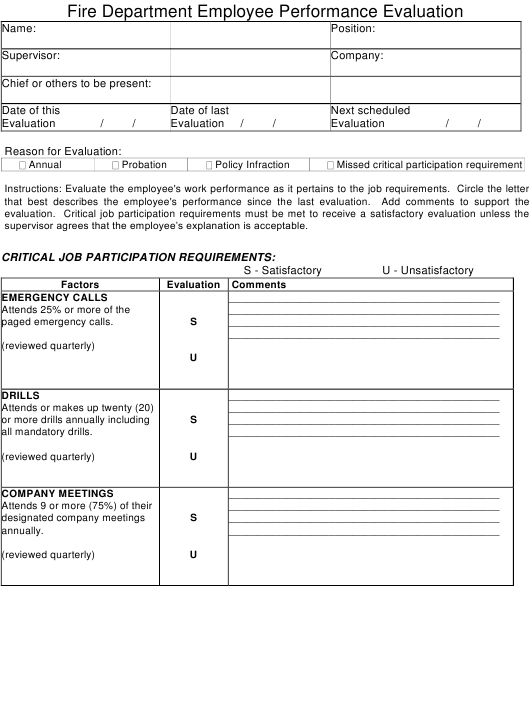 Fire Department Employee Performance Evaluation Form Download Printable 