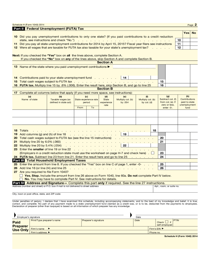 Form 1040 Schedule H Household Employment Taxes Form 2014 Free 