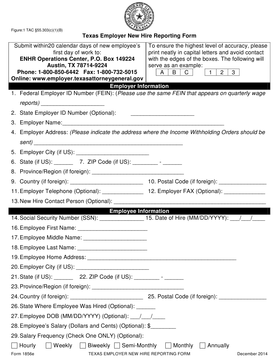 Form 1856E Download Printable PDF Or Fill Online Texas Employer New 