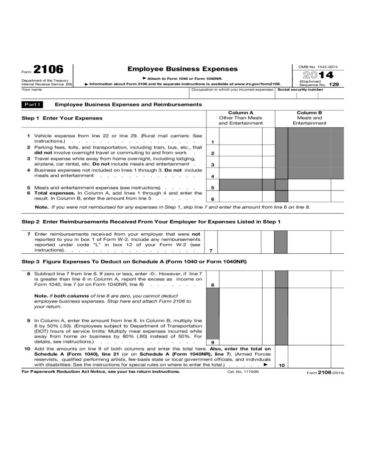 Form 2106 Employee Business Expenses 2014 Free Download