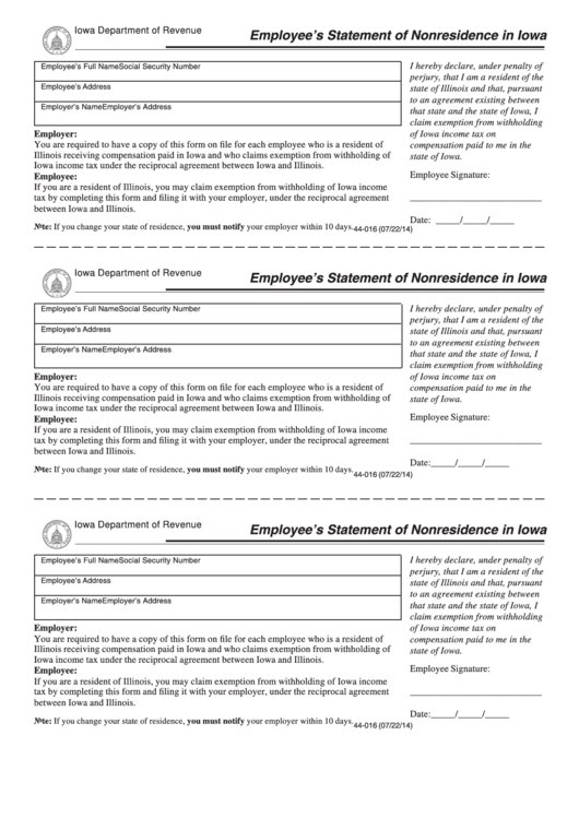 Form 44 016 Employee S Statement Of Nonresidence In Iowa 2014 