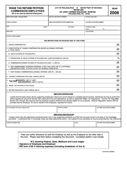 Form 83 A272 Wage Tax Refund Petition Commission Employees 2006 