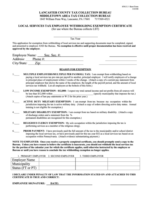 Form 85813 3 Local Services Tax Employee Withholding Exemption 